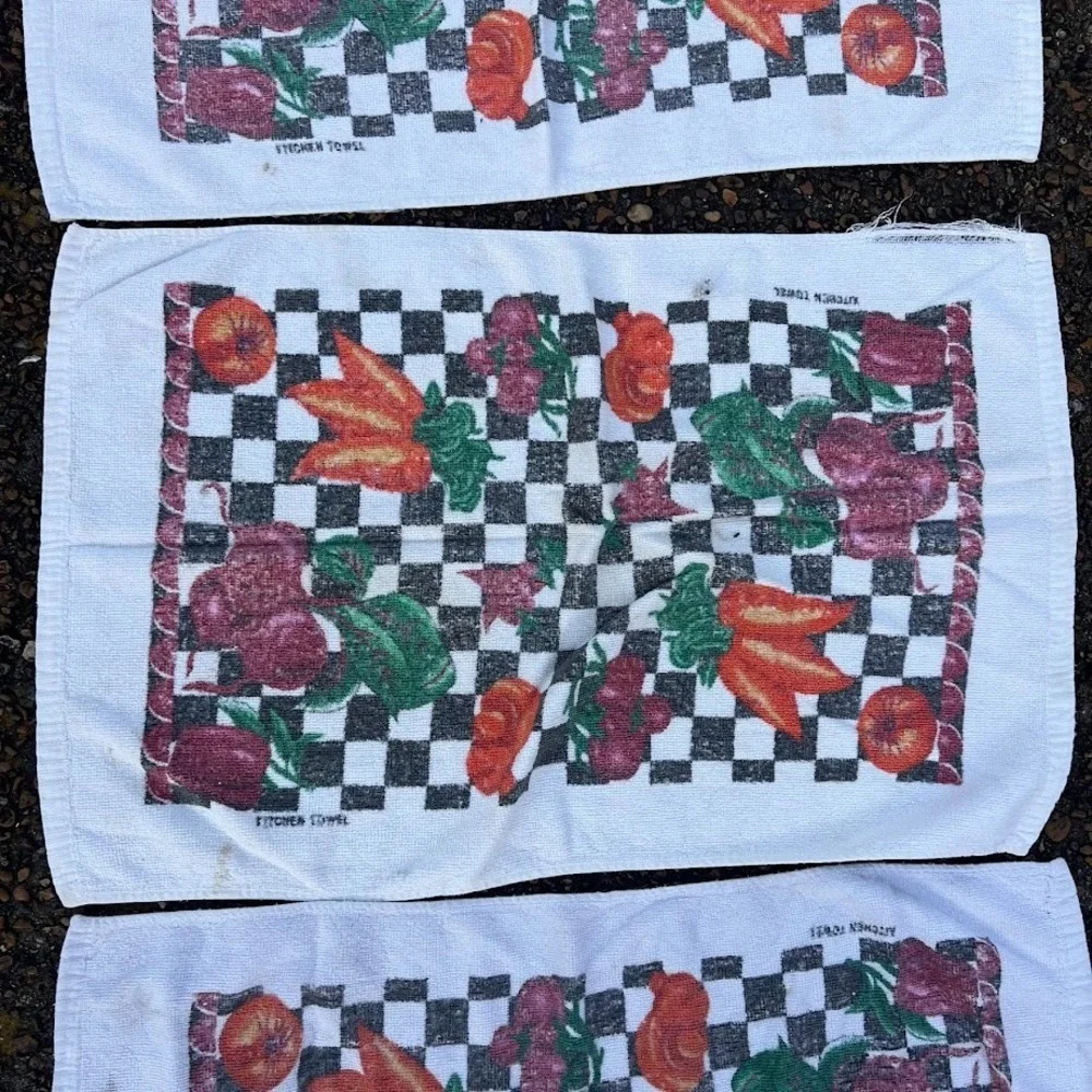 Vintage Vegetables Checkerboard‎ Retro Kitchen Dish Towel Set of 3